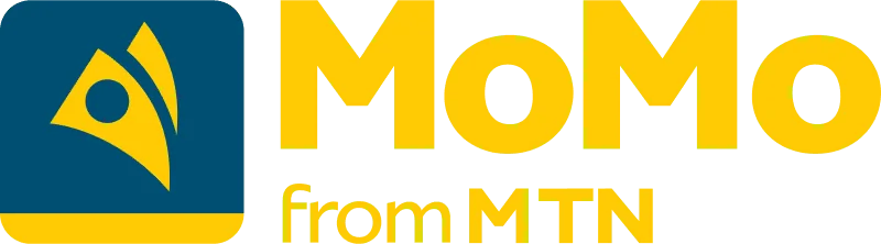 MTN Momo logo: blue square icon with a yellow abstract mark, next to bold yellow text reading 'MOMO from MTN' on a green background.