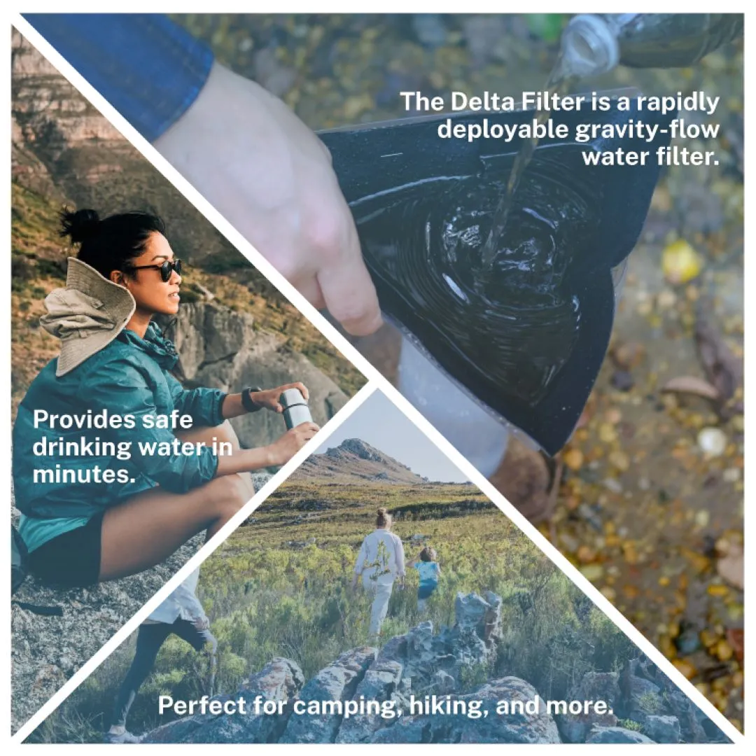 delta graphics za-01 - Business Connect World RSA - Staging Portable water filter in use during outdoor adventure, showing Delta Emergency Water Filter providing safe drinking water while camping and hiking
