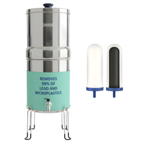 Tall stainless steel water filter with a mint green label that reads 'REMOVES 99% OF LEAD AND MICROPLASTICS' and two cartridge parts nearby.