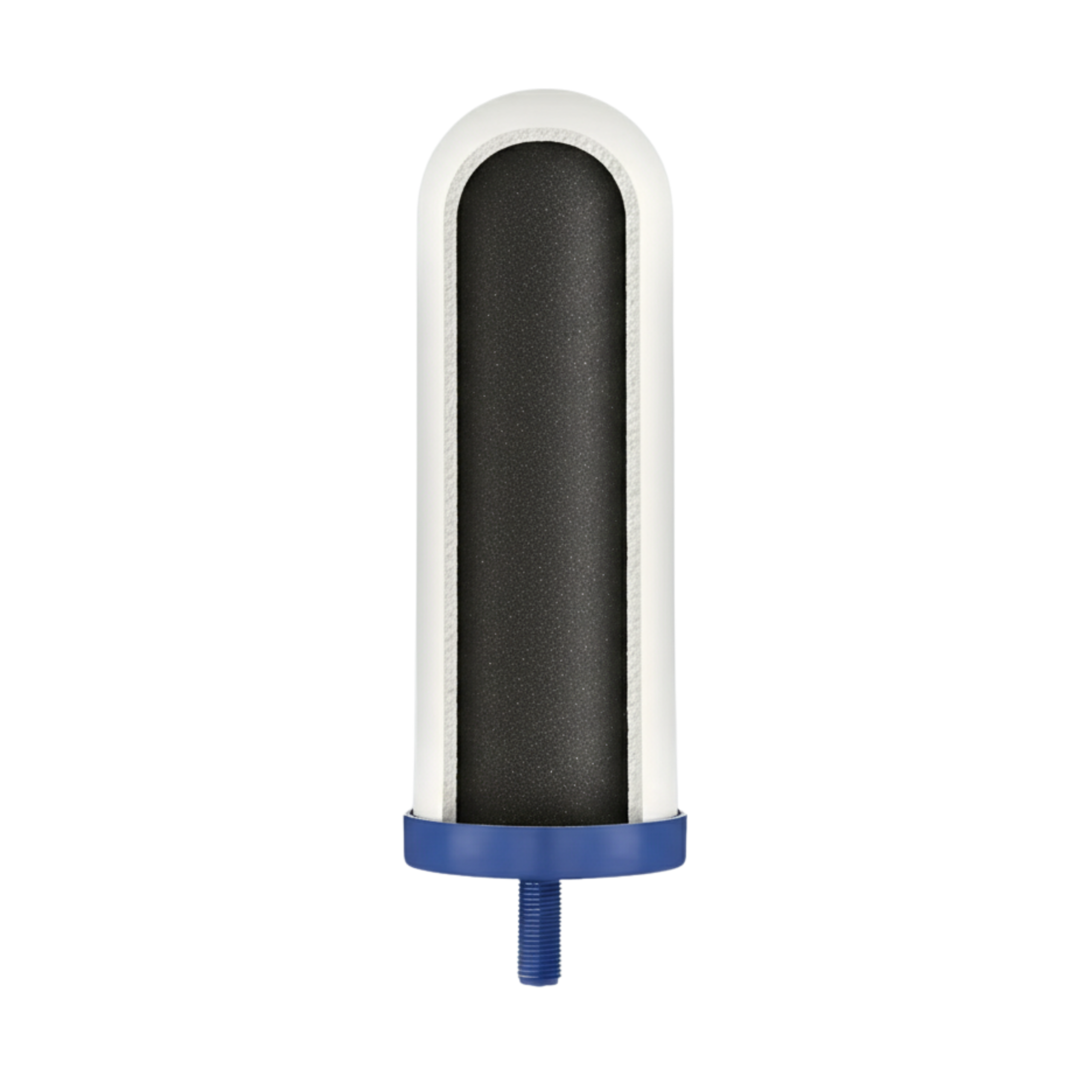 CARBONSHOWING - Business Connect World RSA - Staging Close-up of a vertical cylindrical device: white outer frame around a black textured inner tube, blue base with a threaded blue nozzle at the bottom.