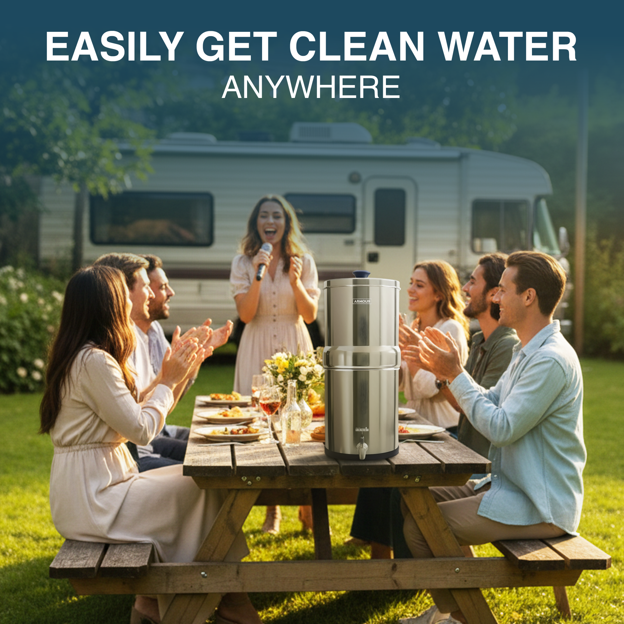 StainlessSteelHousing_ListingImage_5 - Business Connect World RSA - Staging Group of friends at a backyard picnic with a silver portable water filter on the table in the foreground, banner text reading 'Easily Get Clean Water Anywhere' above.