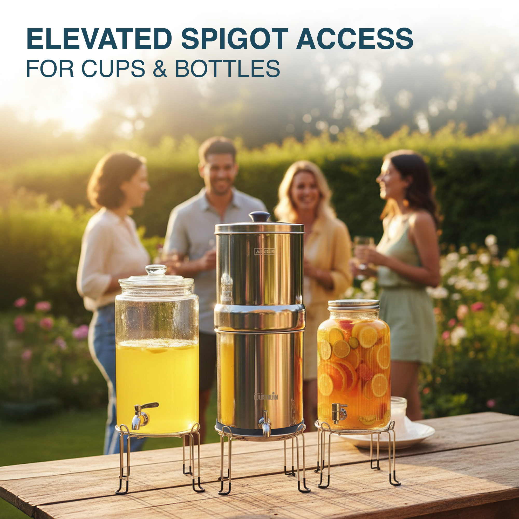 StandOnly_ListingImage_5 - Business Connect World RSA - Staging Outdoor patio scene with multiple beverage dispensers on a wooden table and people chatting in the background, emphasizing elevated spigot access for cups and bottles.