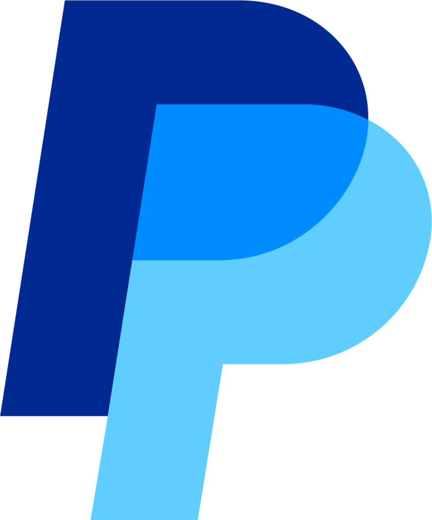 Abstract logo with overlapping dark blue and light blue shapes forming a stylized letter P
